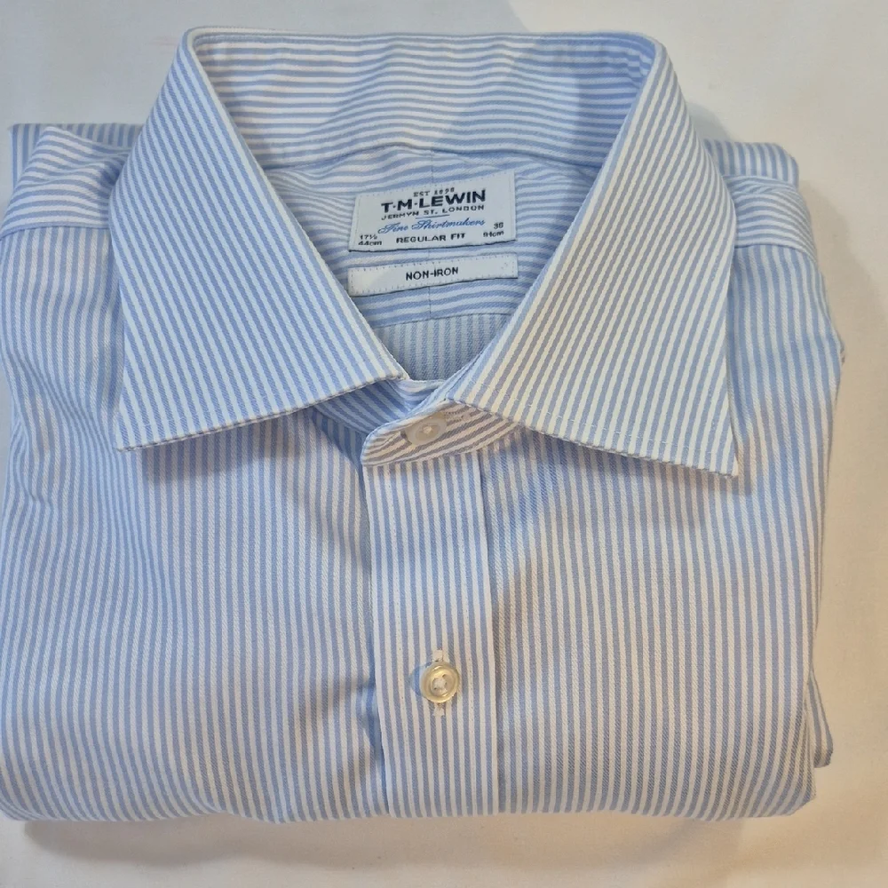 T.M.Lewin Men's Light Blue Pinstripe Dress Shirt - Picture 11 of 16